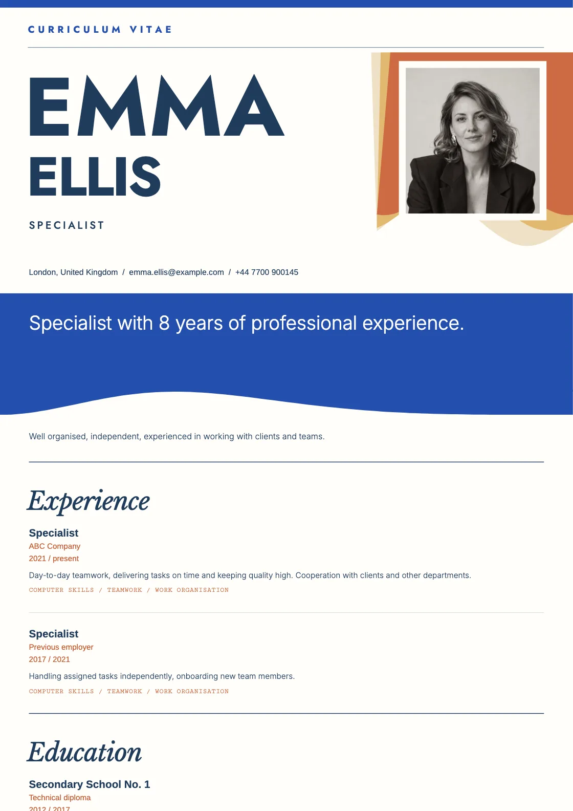 Tide CV template, preview of the finished document