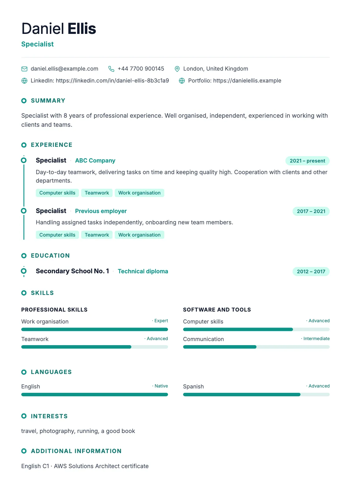 Timeline CV template, preview of the finished document