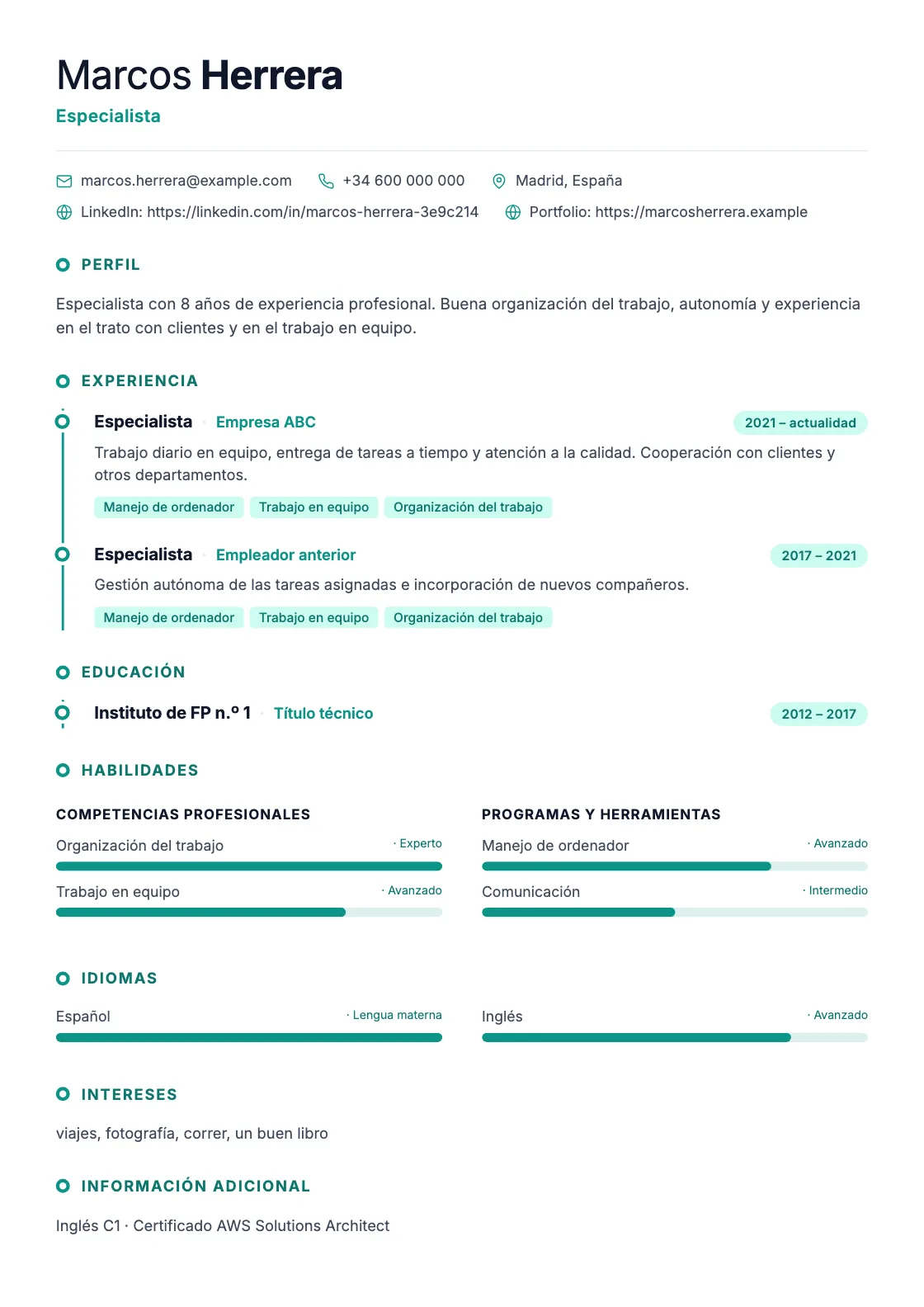 Plantilla de CV Timeline, vista previa del documento terminado