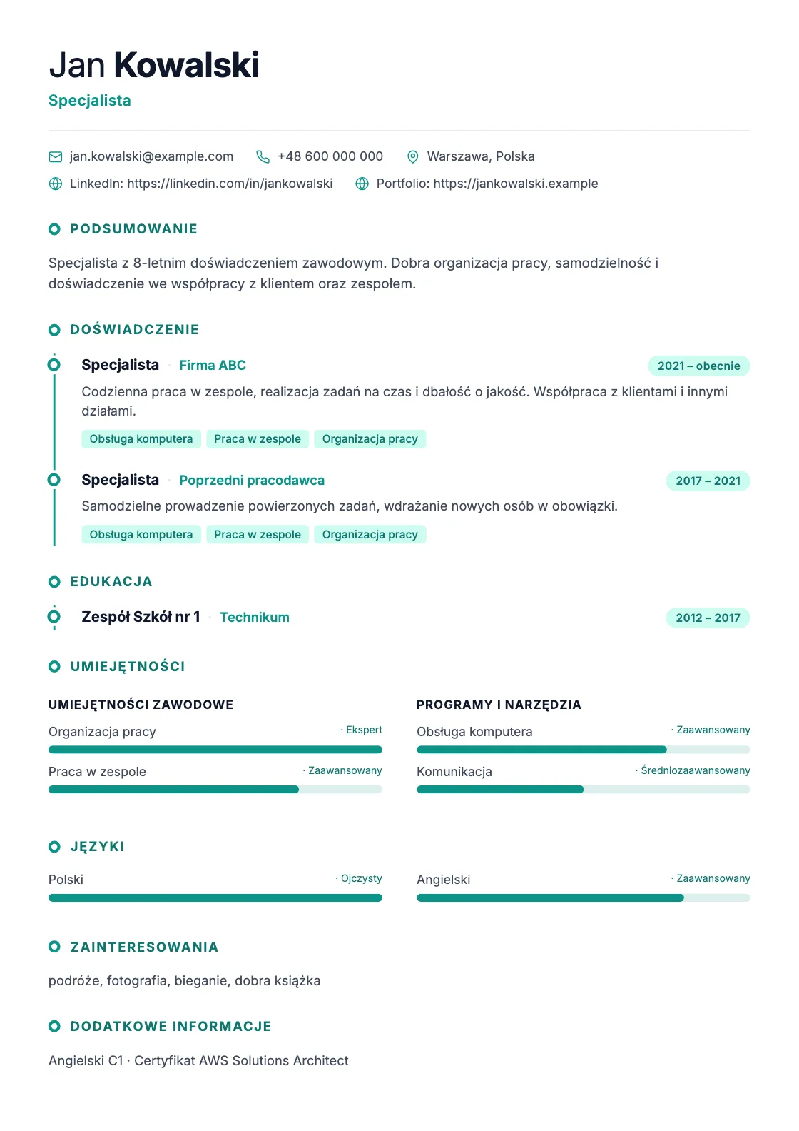 Wzór CV Timeline, podgląd gotowego dokumentu