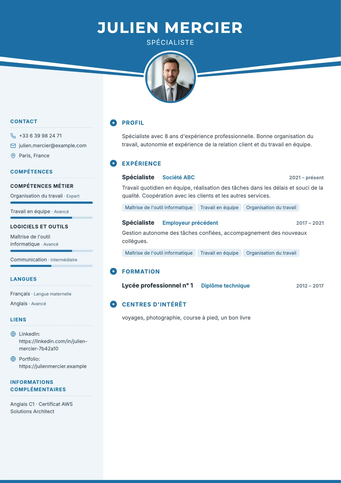 Modèle de CV Transit, aperçu du document fini