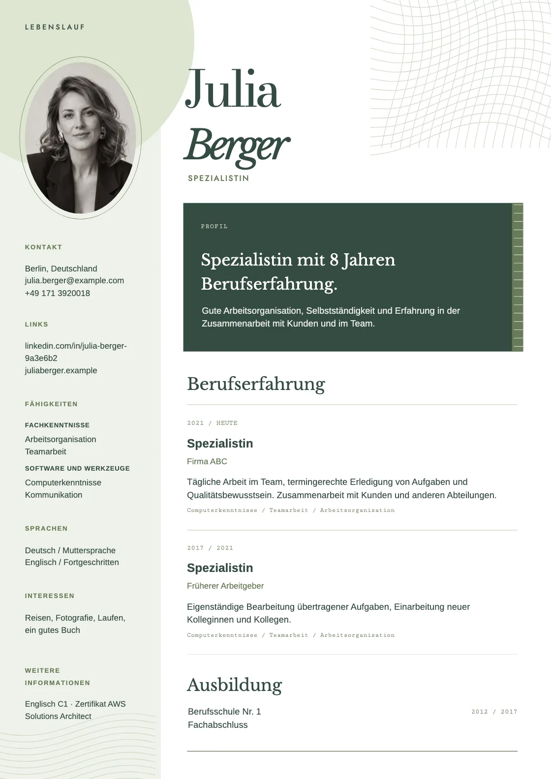 Lebenslauf Vorlage Weave, Vorschau des fertigen Dokuments
