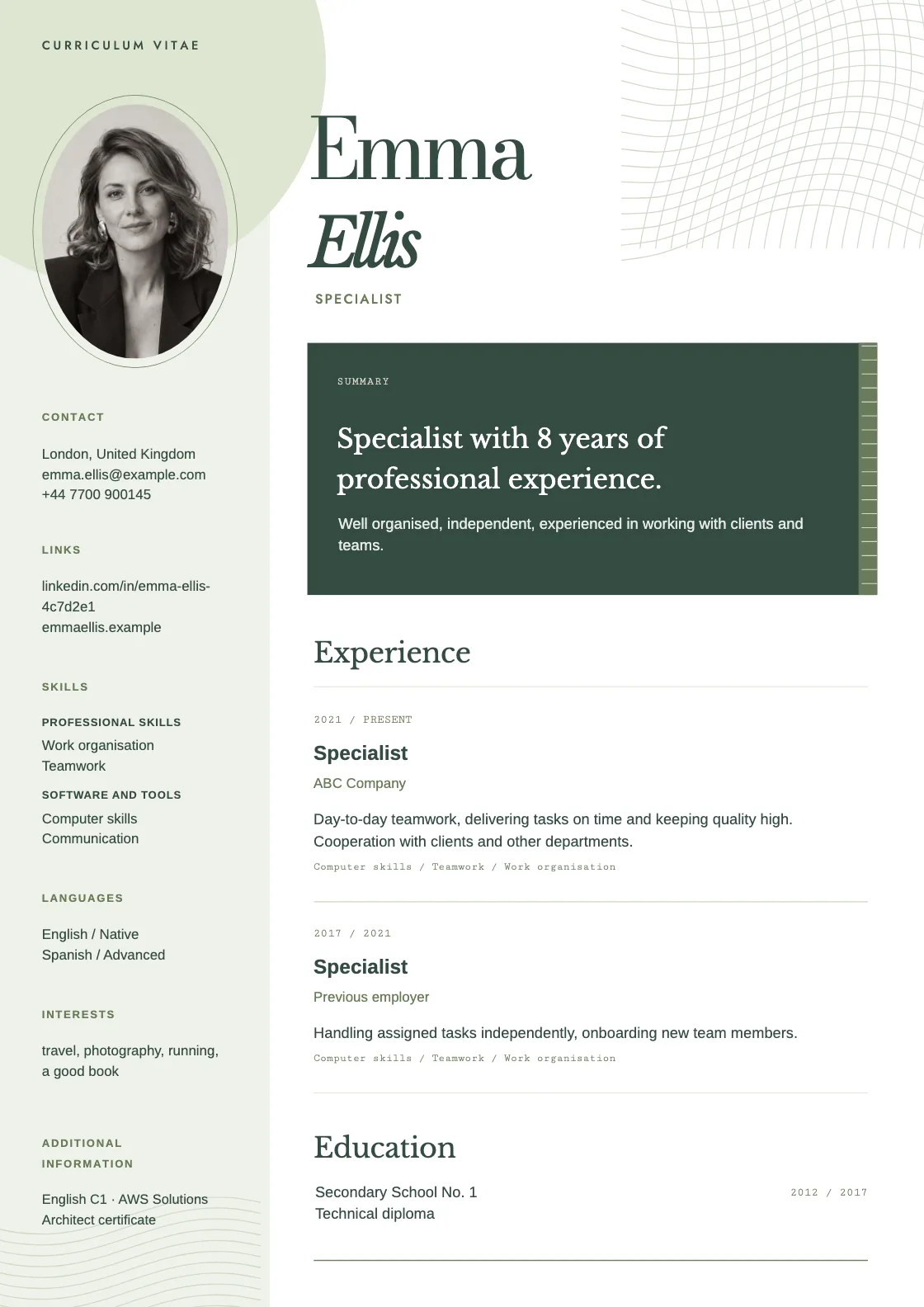 Weave CV template, preview of the finished document
