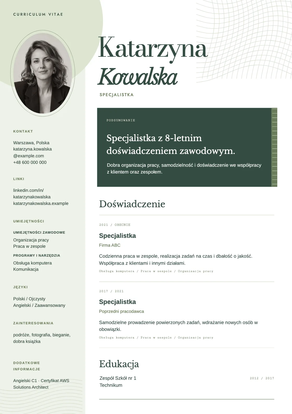 Wzór CV Weave, podgląd gotowego dokumentu